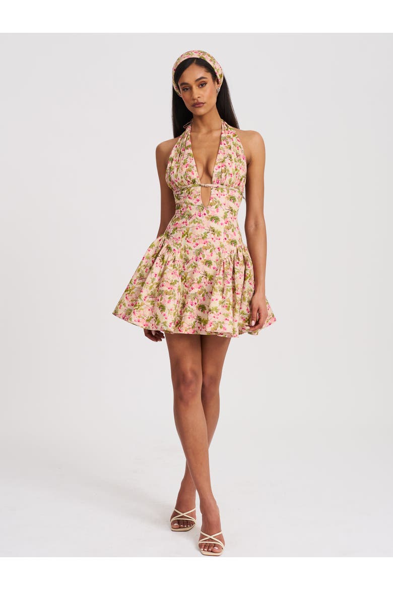 Mackenzie Floral Print Halter Linen Mini Dress, Alternate, color, Pink and green floral print