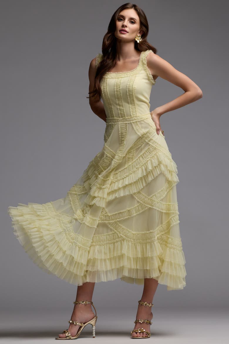 Scoop Neck Sleeveless Mesh Micro Ruffle Midi Dress, Alternate, color, Buttercup