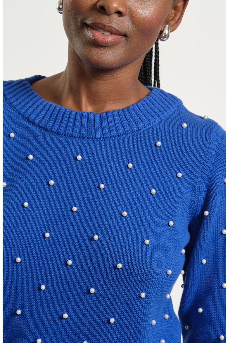 Faux Pearl Accent Cotton Crewneck Sweater, Alternate, color, ROYAL