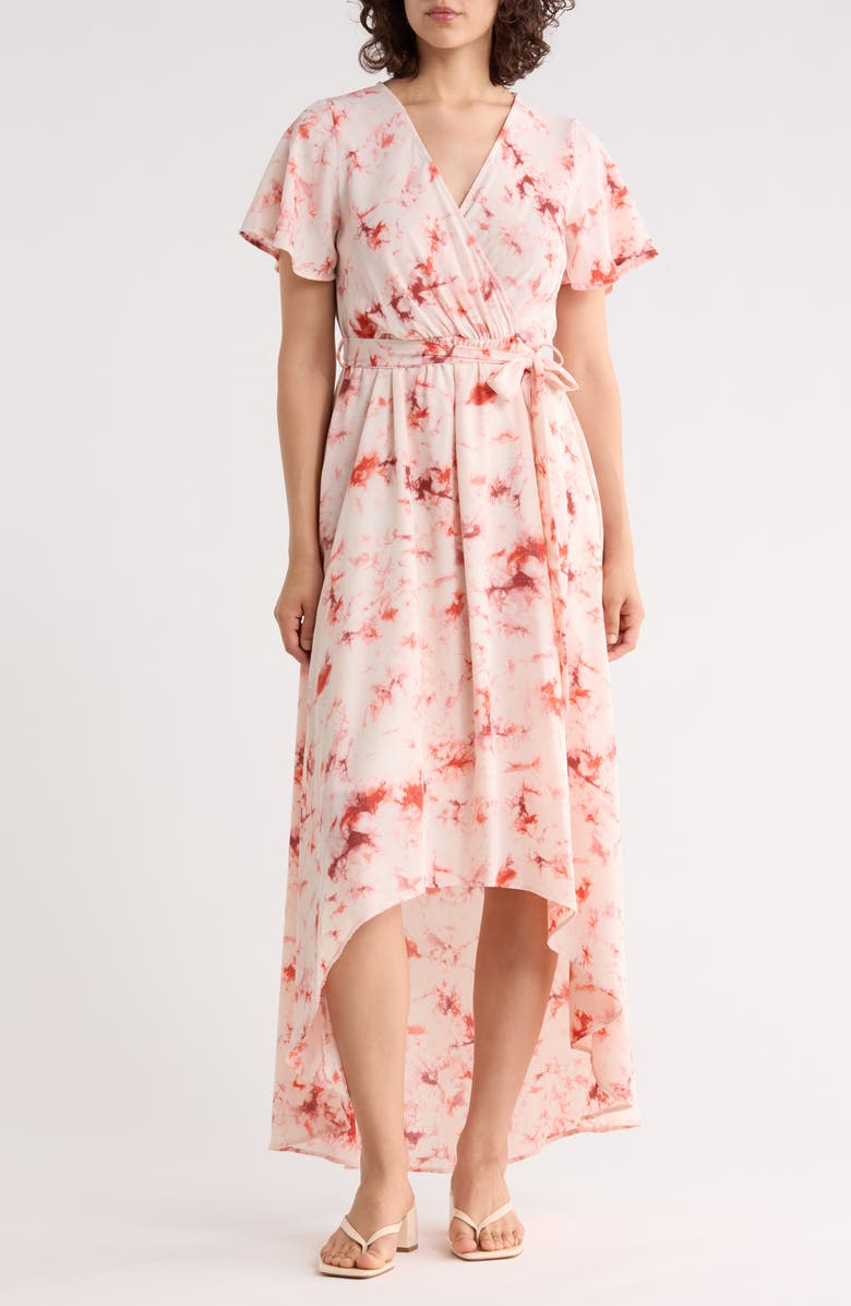 WEST K Faux Wrap High Low Midi Dress, Main, color, Orange Tie Dye