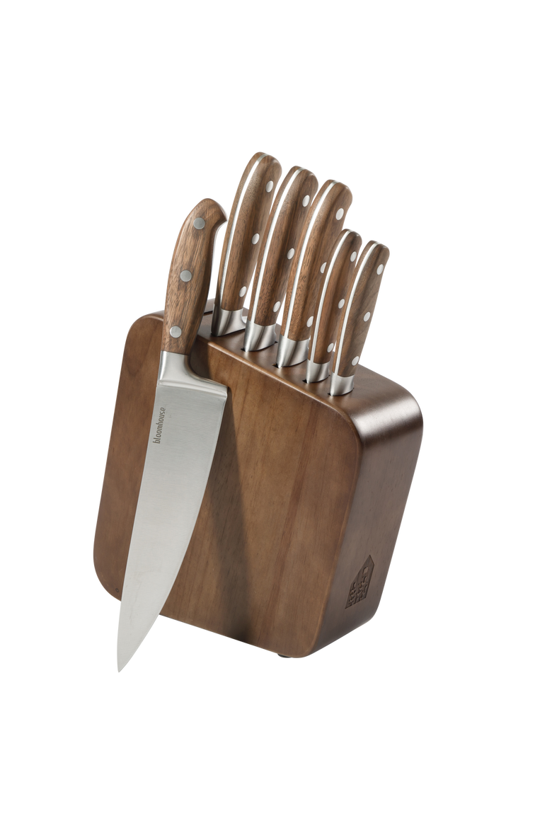 Italian Walnut Forged German Steel Knife Block Set, Main, color, Natural Wood