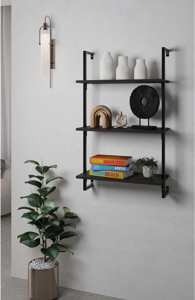 HAPPIMESS Madera Classic Industrial Shelf Wood Wall-Mounted Open Ladder Bookcase with Metal Frame, Alternate, color, Black