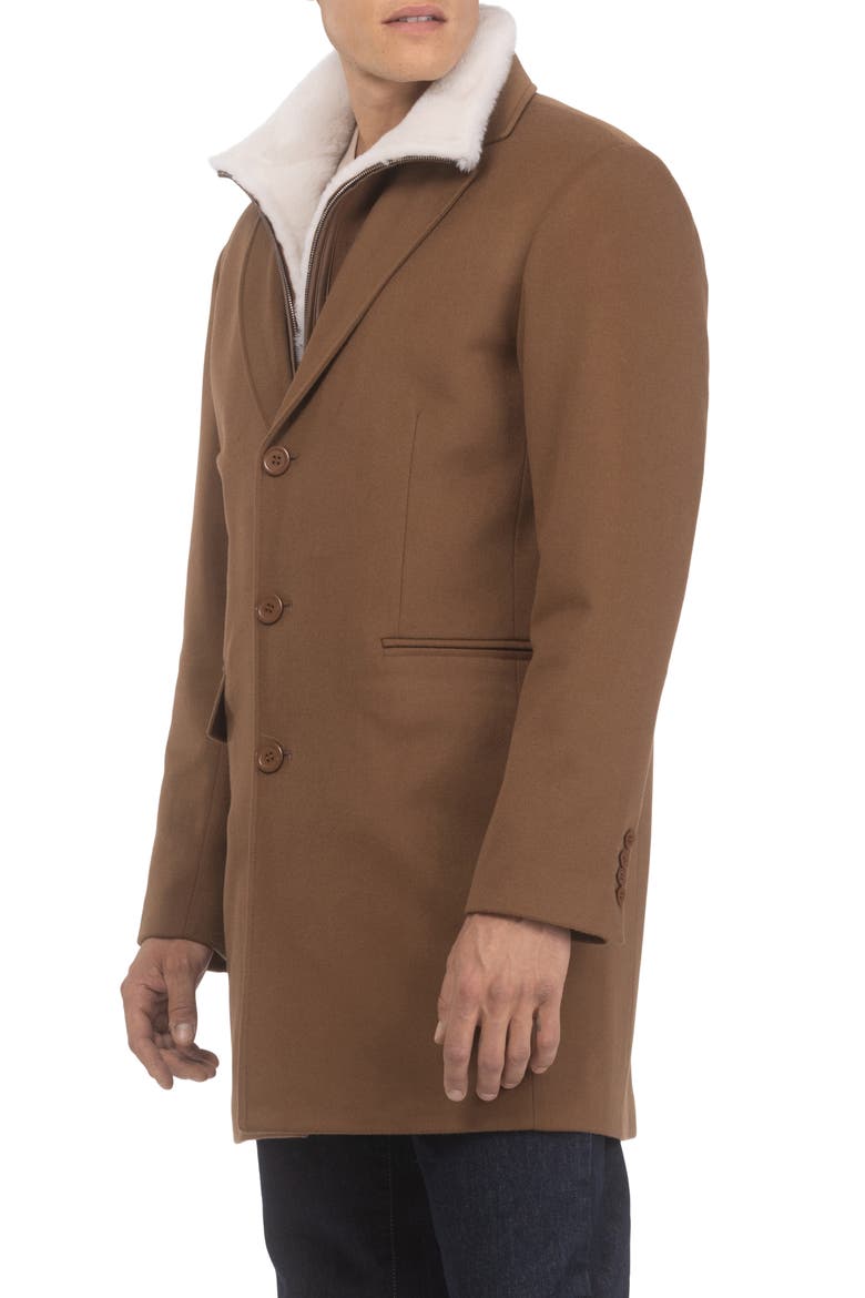 Men's Wool Short Coat Crafted From Loro Piana with Genuine Shearling Trim, Alternate, color, WHISKEY/WHISKEY PATTERN