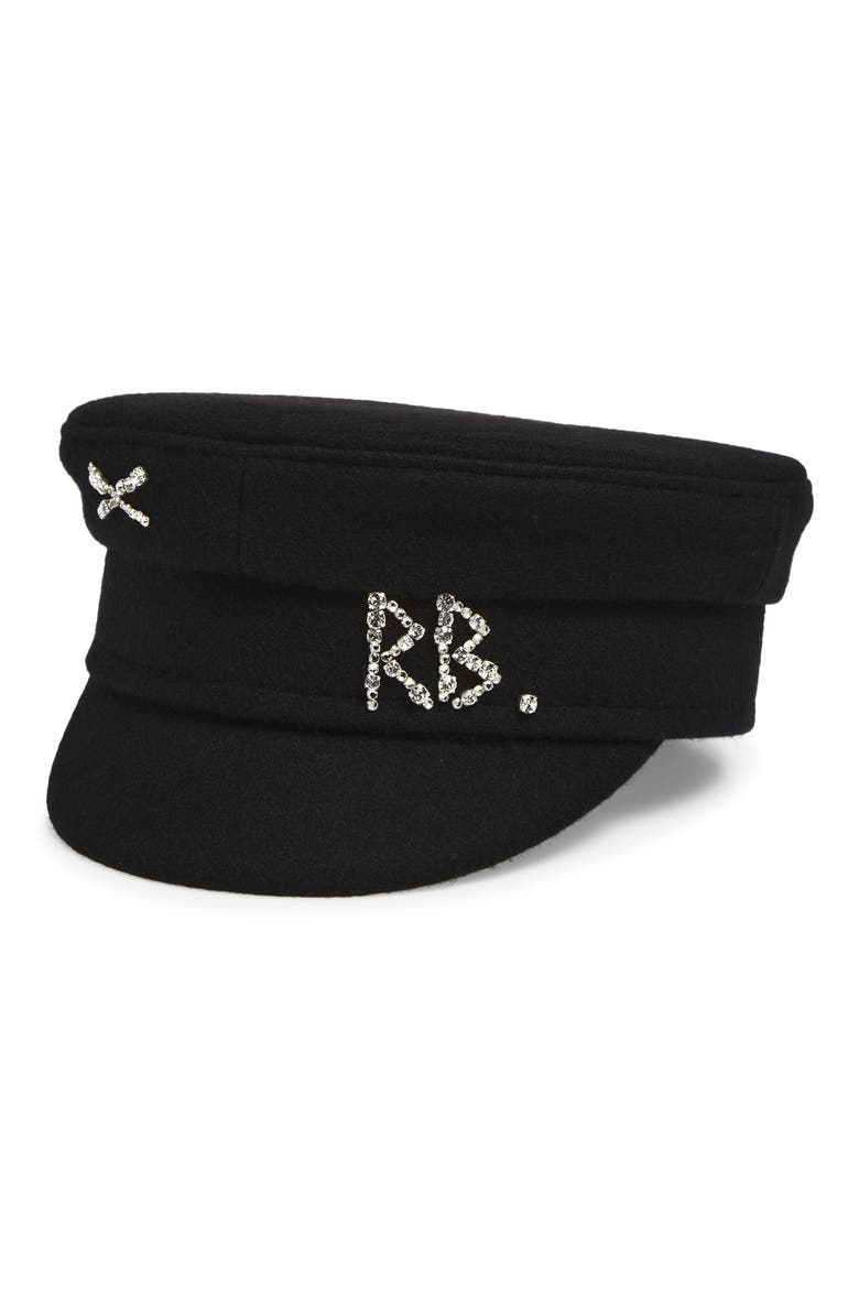 Crystal Embellished Wool Baker Boy Cap, Main, color, BLACK