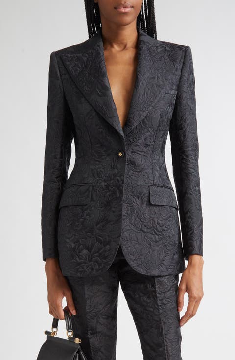 One-Button Floral Brocade Blazer