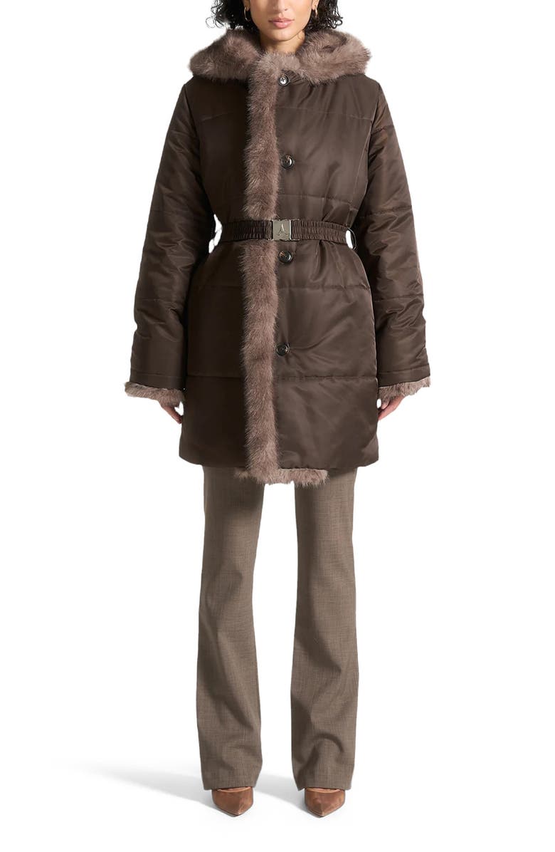 Manière De Voir Alima Fur Longline Belted Coat, Alternate, color, Brown