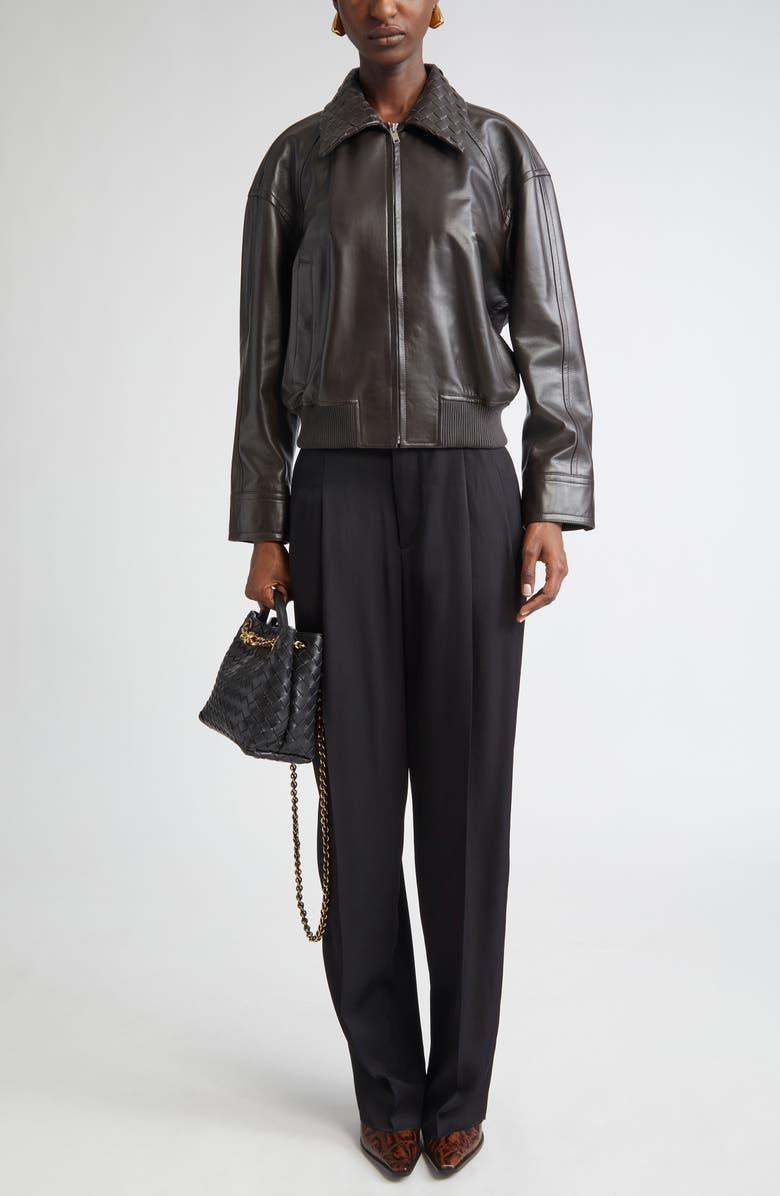Bottega Veneta Pleated Viscose & Mulberry Silk Twill Straight Leg Trousers, Alternate, color, 1000 Black