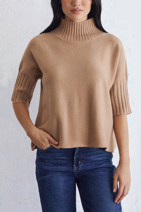 Funnel Neck Elbow Sleeve Dolman Sweater