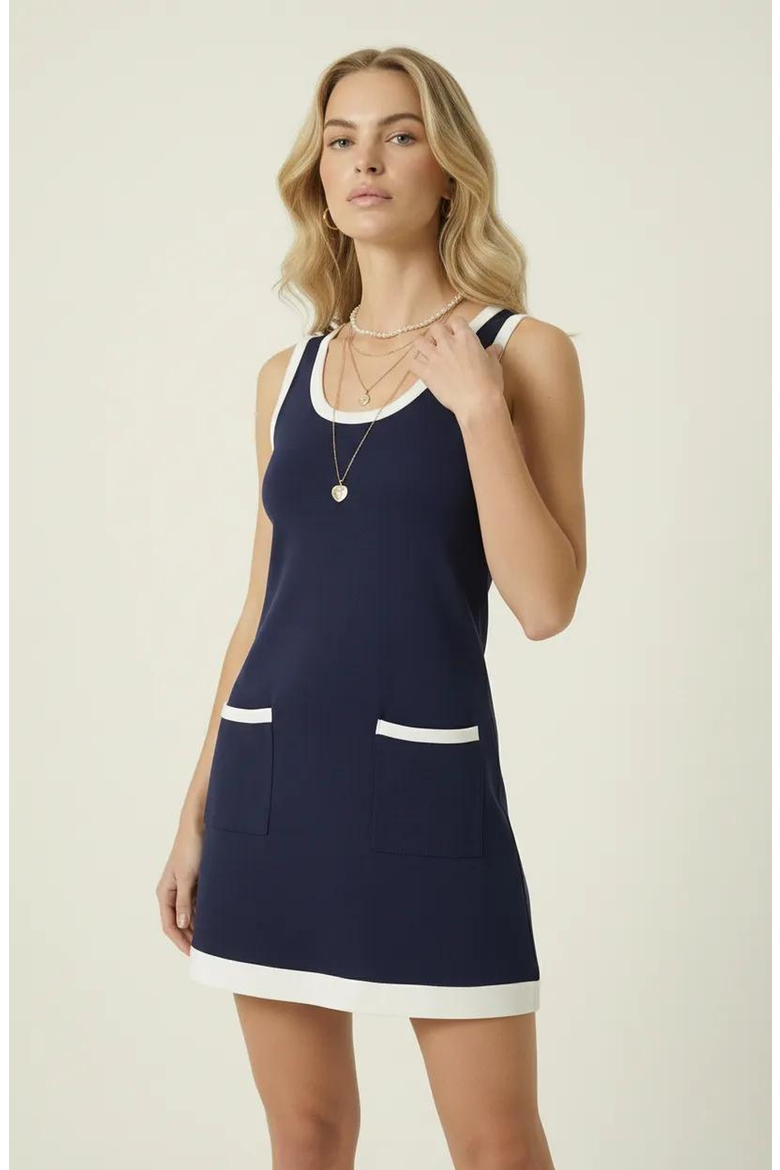 Sleeveless Knit Mini Dress with Contrast Trim and Front Pockets, Alternate, color, Navy Blue
