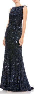 Mac Duggal Cowl Back Boat Neck Sequined Evening Gown