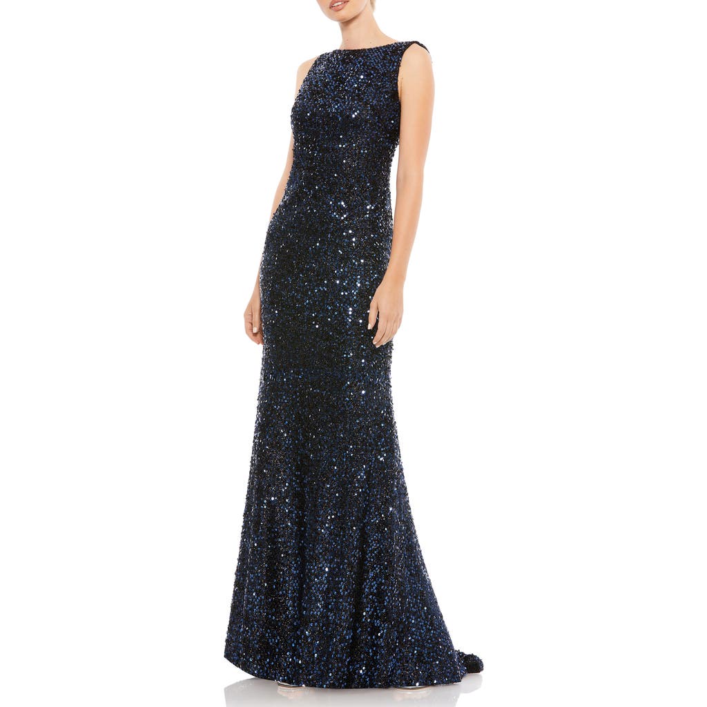 Mac Duggal Cowl Back Boat Neck Sequined Evening Gown In Midnight In Midnight