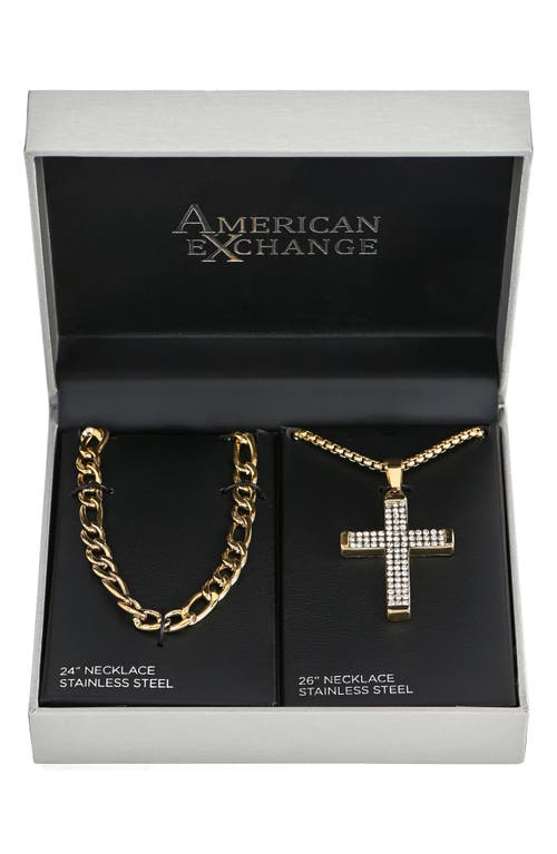 American Exchange Set Of 2 Figaro Chain & Pavé Crystal Cross Pendant Necklaces
