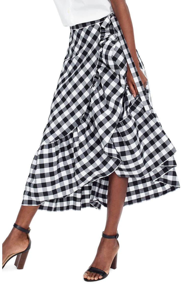 Gingham Ruffle Wrap Skirt, Main, color, BLACK