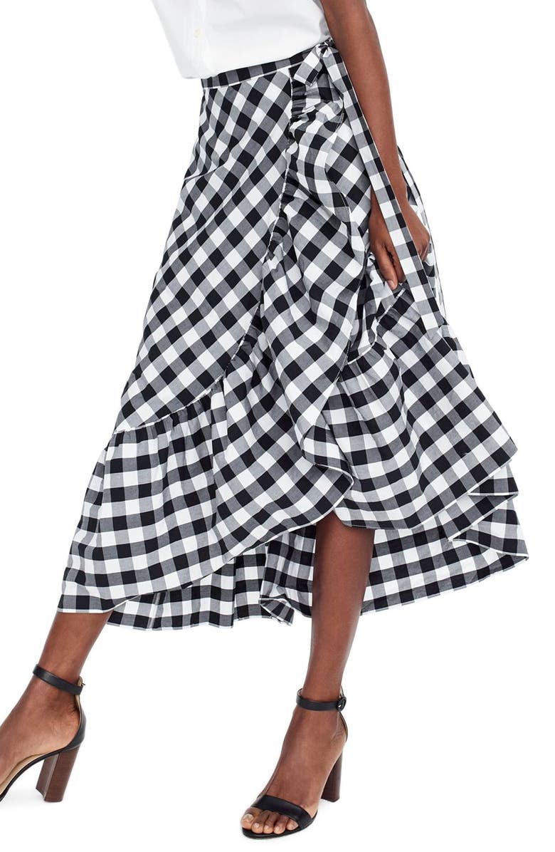 J.Crew Gingham Ruffle Wrap Skirt, Main, color,