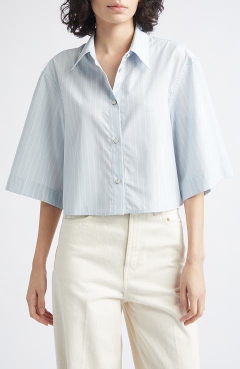 Stripe Button-Up Cotton Blend Crop Top