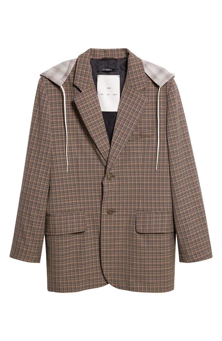 SONG FOR THE MUTE Square Glen Plaid Single Breasted Blazer with Drawstring Hood, Main, color, Brown