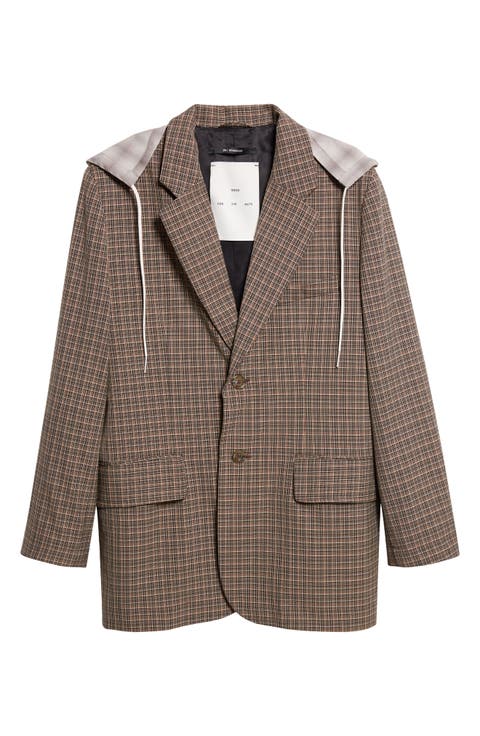 Square Glen Plaid Single Breasted Blazer with Drawstring Hood