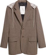 SONG FOR THE MUTE Square Glen Plaid Single Breasted Blazer with Drawstring Hood