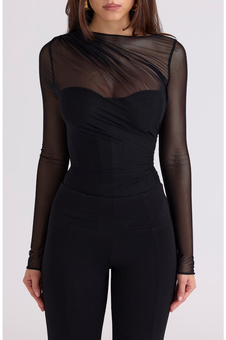 Orelia Draped Mesh Bodysuit, Main, color, BLACK
