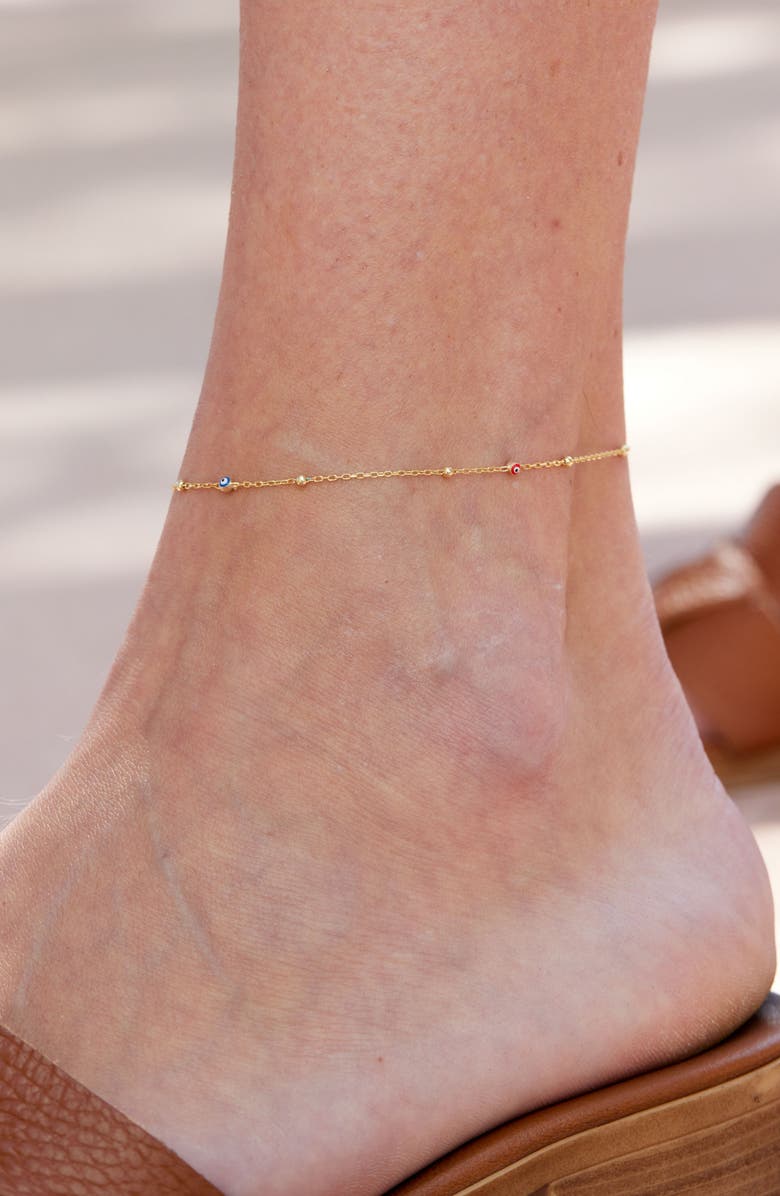 SAVVY CIE JEWELS Enamel Evil Eye Chain Anklet, Alternate, color, Gold