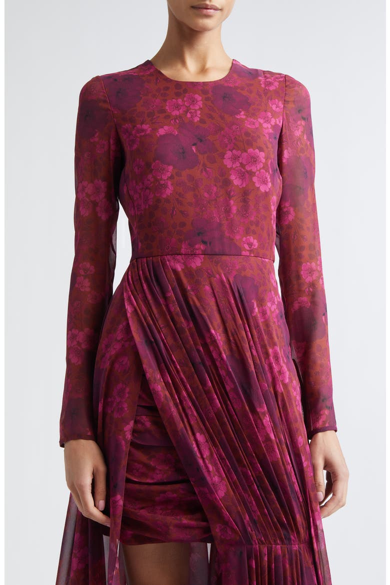 Anemones Draped Long Sleeve Silk Dress, Alternate, color, BRICK MULTI
