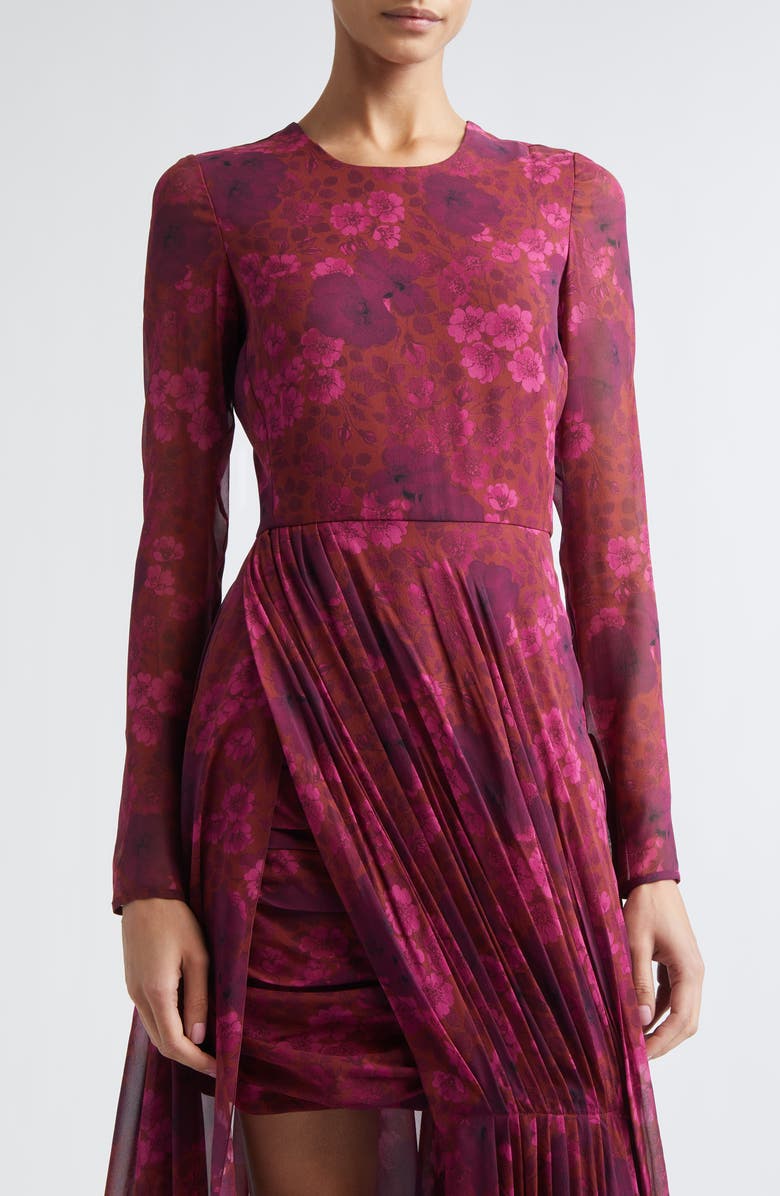 Giambattista Valli Anemones Draped Long Sleeve Silk Dress, Alternate, color, Brick Multi