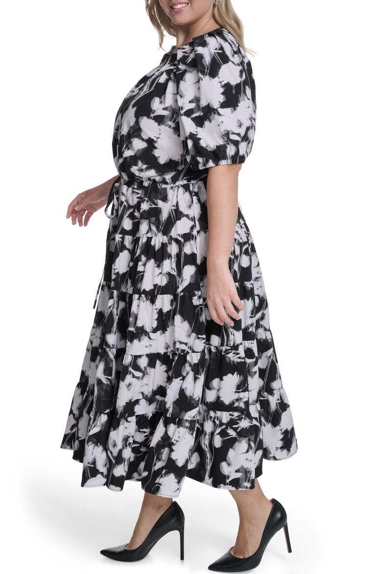 Floral Elbow-Length Sleeve A-Line Midi Dress, Alternate, color, BLACK/ WHITE