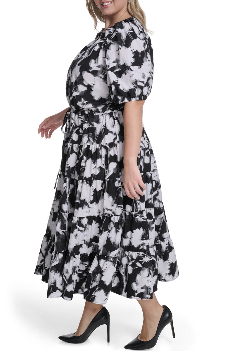 Calvin Klein Floral Elbow-Length Sleeve A-Line Midi Dress, Alternate, color, Black/ White
