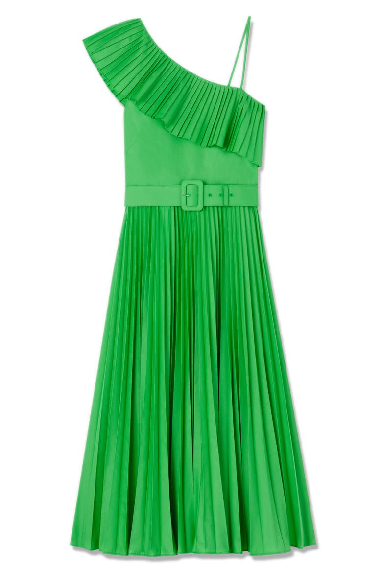 Josephine Pleated Belted One-Shoulder Midi Dress, Alternate, color, GREEN