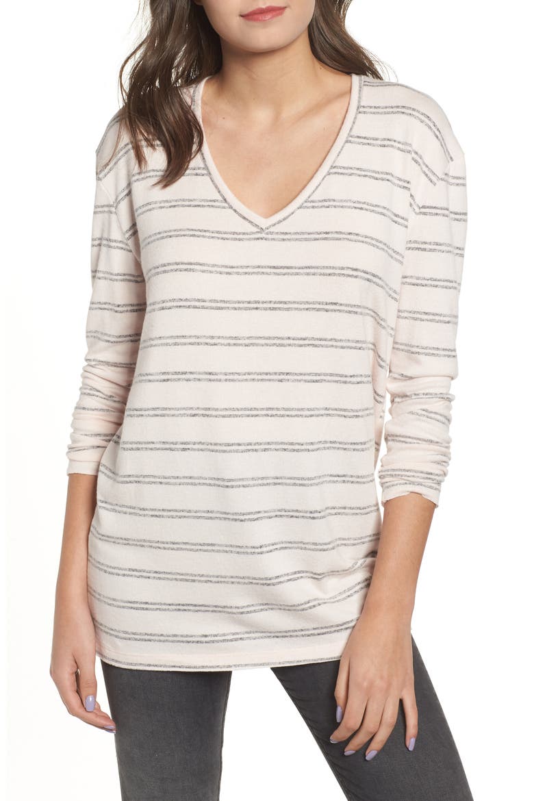 Cozy V-Neck Sweater, Main, color, PINK AMOUR KORA STRIPE