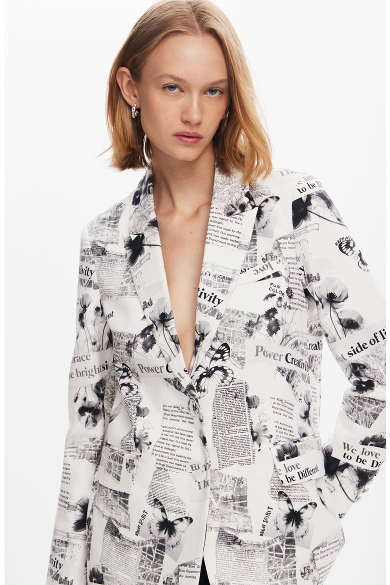 Bratislava News Print Stretch Cotton Blazer, Alternate, color, WHITE