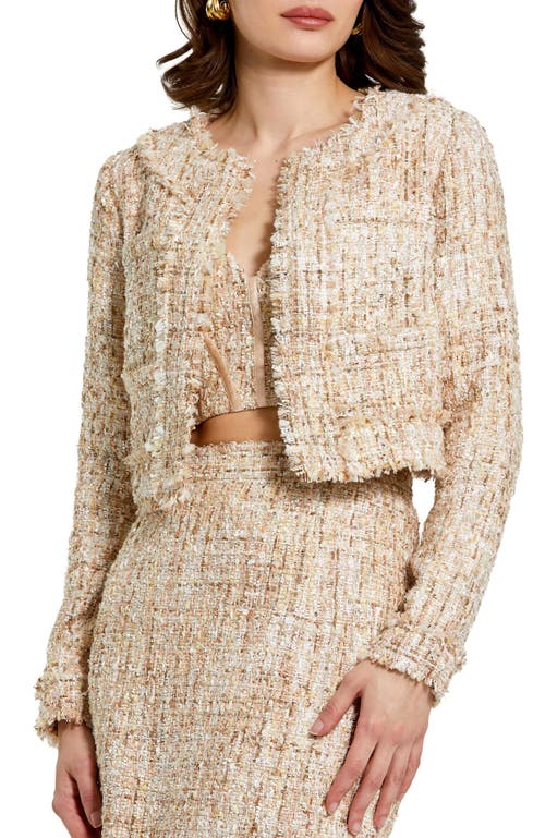 Mac Duggal Long Sleeve Cropped Boucle Jacket In Blush
