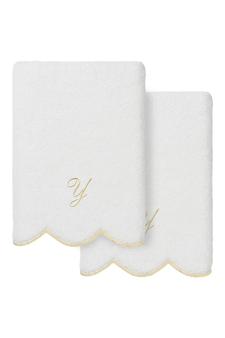 Adornia Scallop Set of 2 Monogrammed Hand Towels, Main, color, WHITE/ BEIGE Y