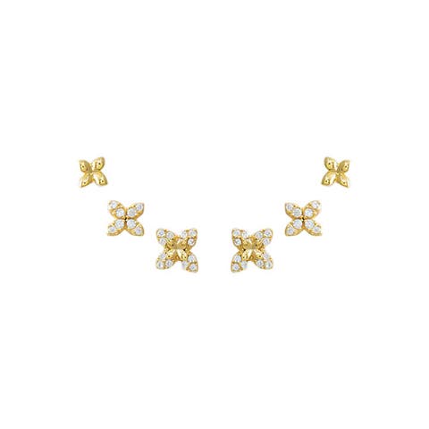 Solid/Pave Graduated Four Leaf Flower Stud Earring Combo Set