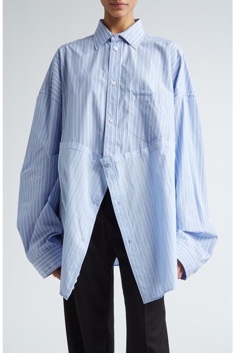 Cut Up Stripe Asymmetric Oversize Cotton Button-Up Shirt (Women