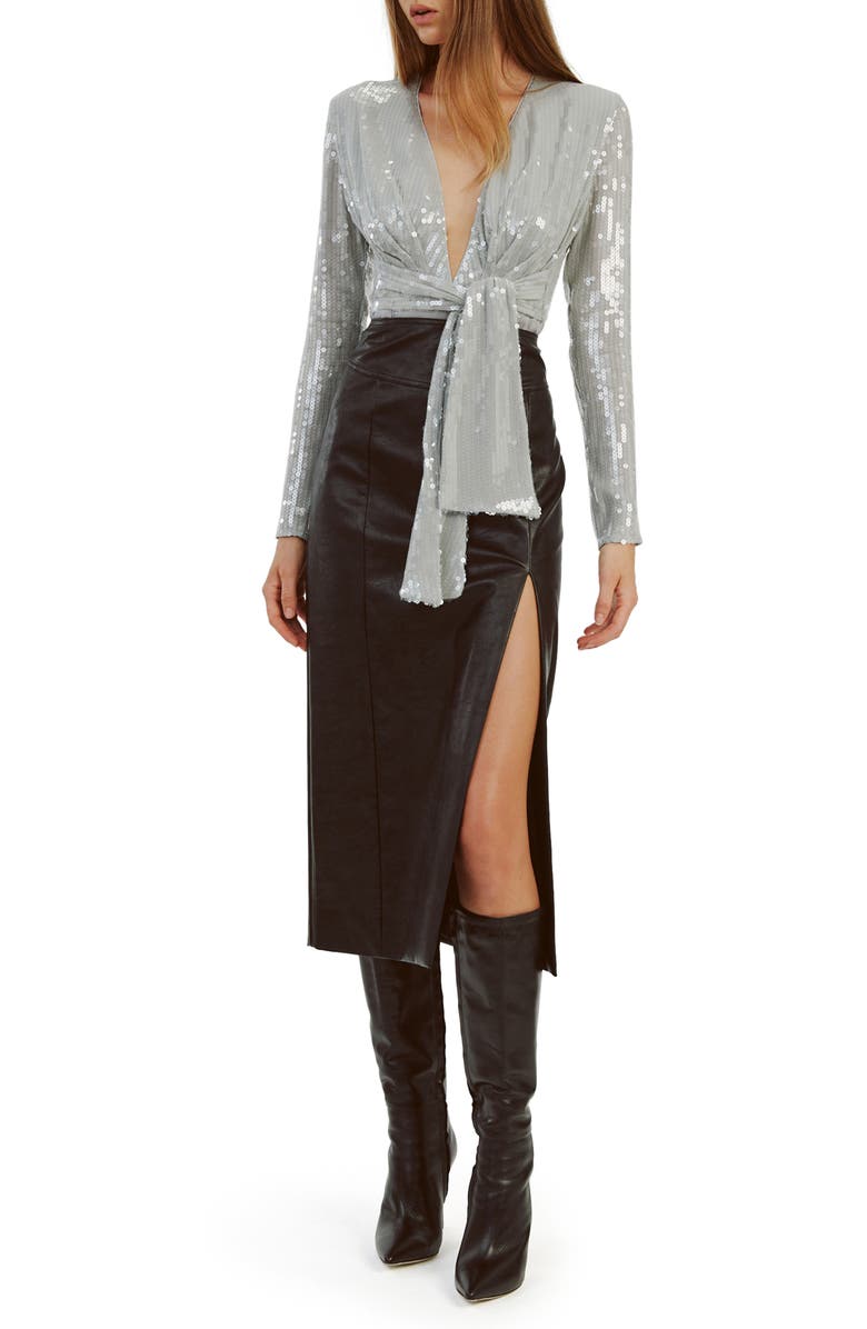 Bardot Emelia Sequin Wrap Long Sleeve Bodysuit, Alternate, color, Dove Grey