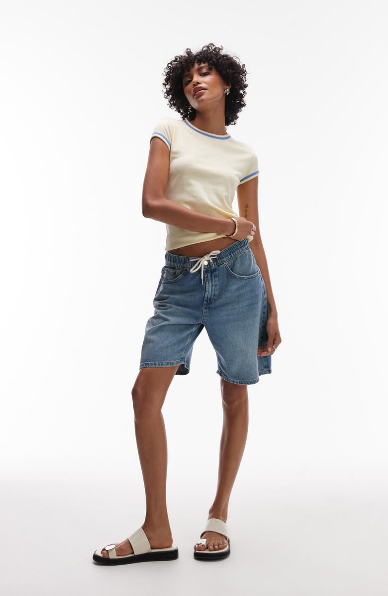 Topshop Drawstring Denim Shorts, Alternate, color, Medium Blue