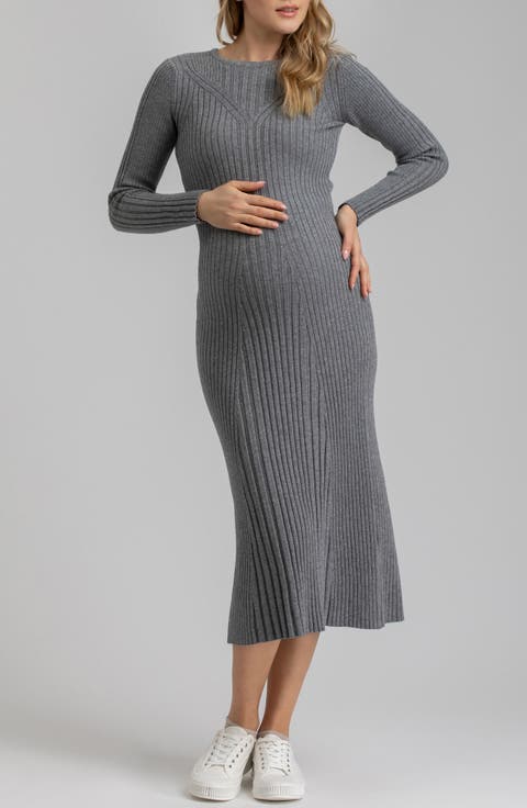 Long Sleeve Rib Maternity Midi Sweater Dress