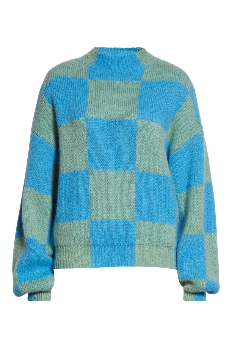 Adonis Checkerboard Balloon Sleeve Sweater, Alternate, color, AQUA