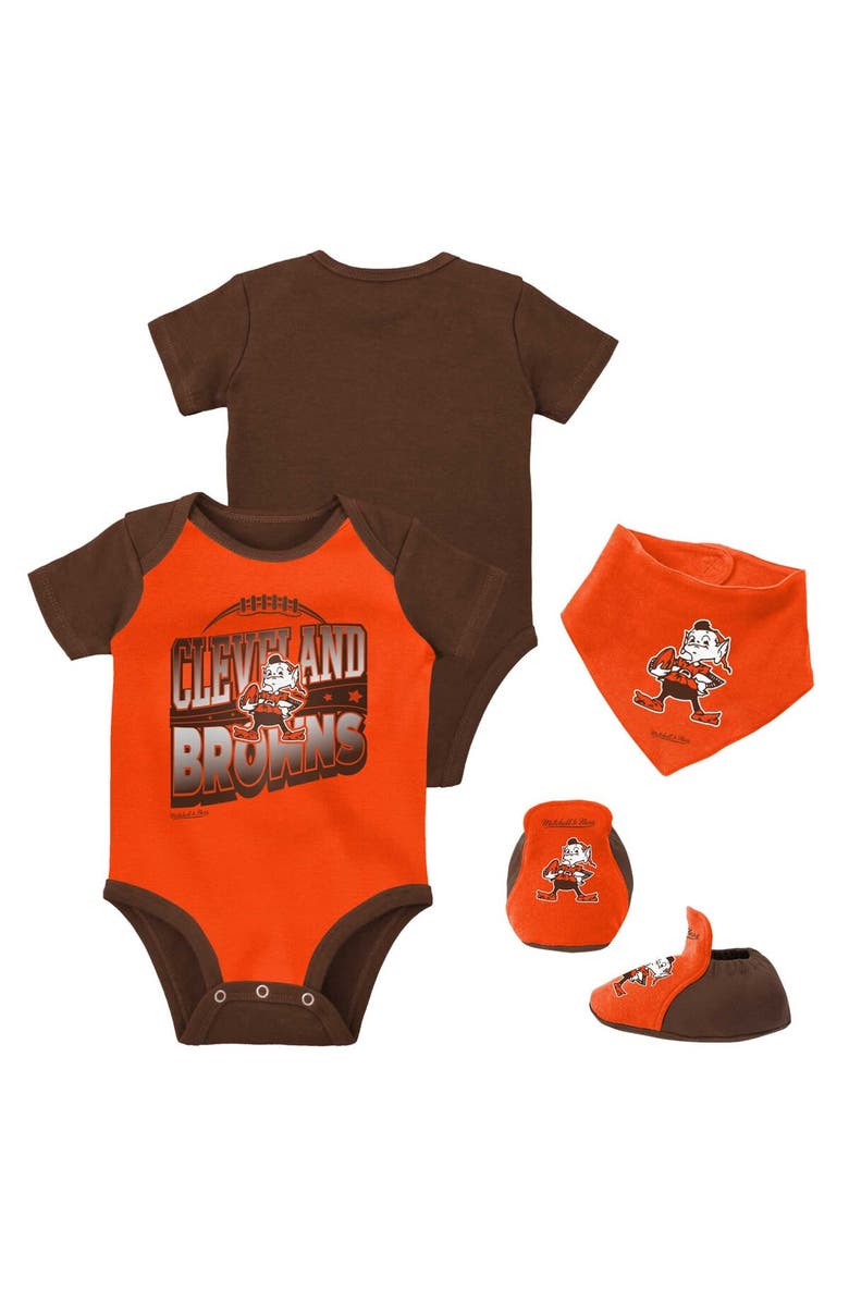Mitchell & Ness Newborn & Infant Mitchell & Ness Orange/Brown Cleveland Browns Throwback Big Score Bodysuit, Bib & Bootie Set, Alternate, color, Orange