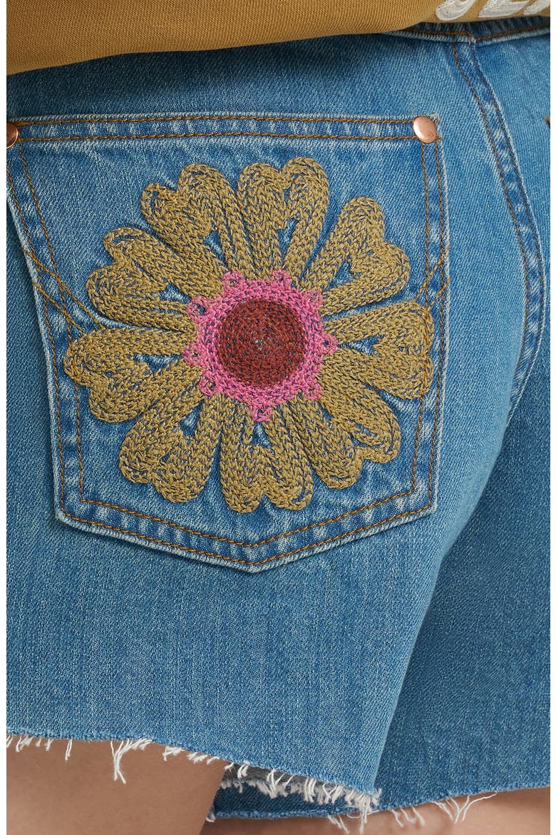 x Lainey Wilson Embroidered Cowboy Denim Cutoff Shorts, Alternate, color, DENIM