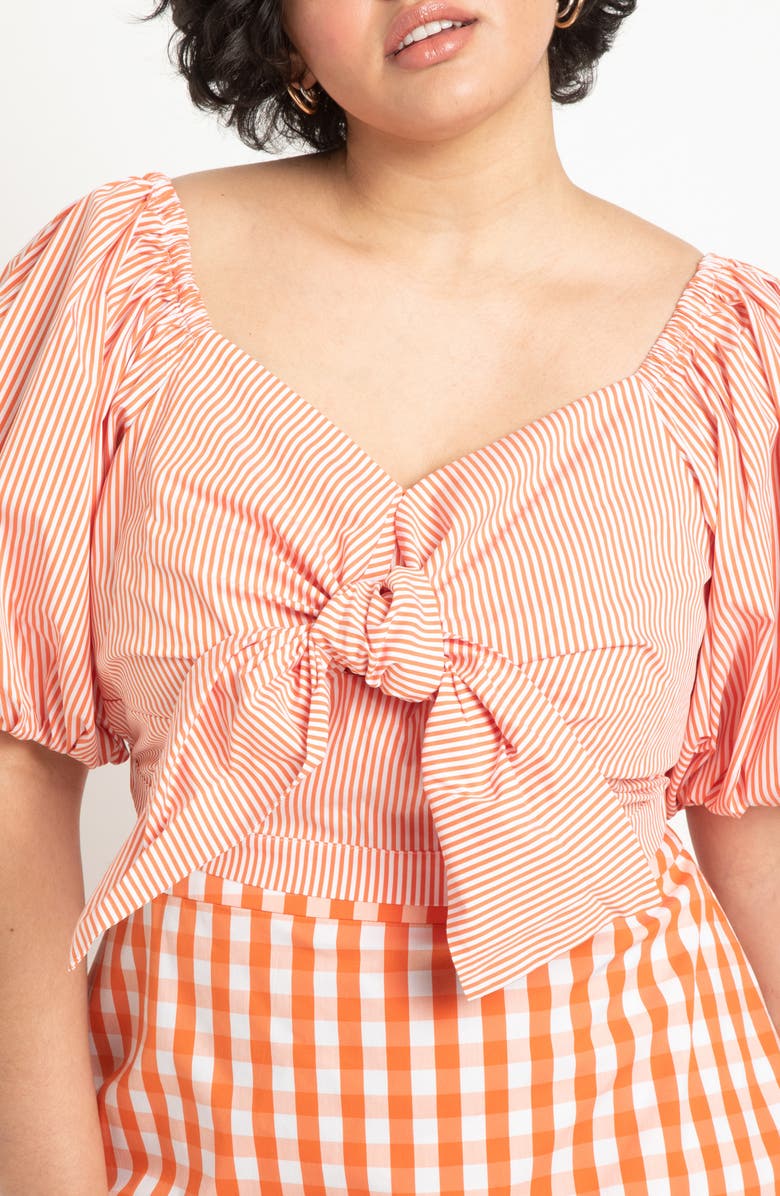 ELOQUII Stripe Puff Sleeve Tie Front Top, Alternate, color, 