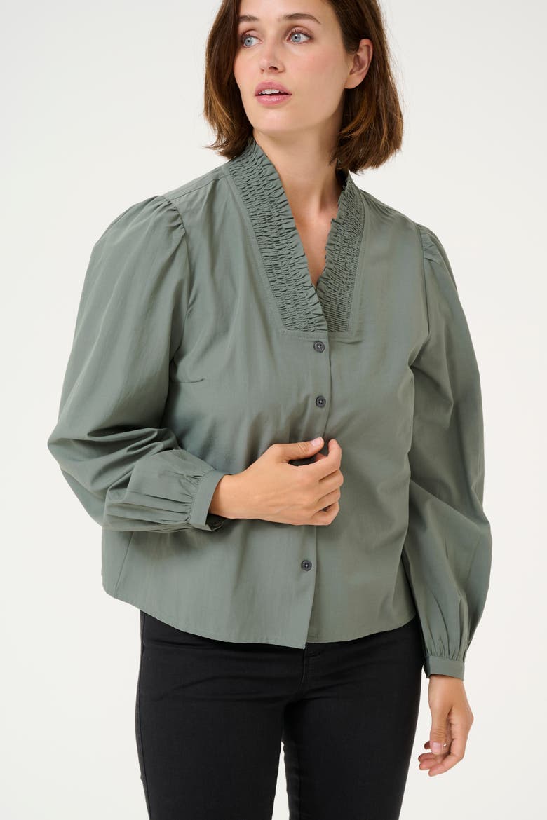 KAmaia V-neck Pleats Long Sleeve Shirt, Alternate, color, Balsam Green