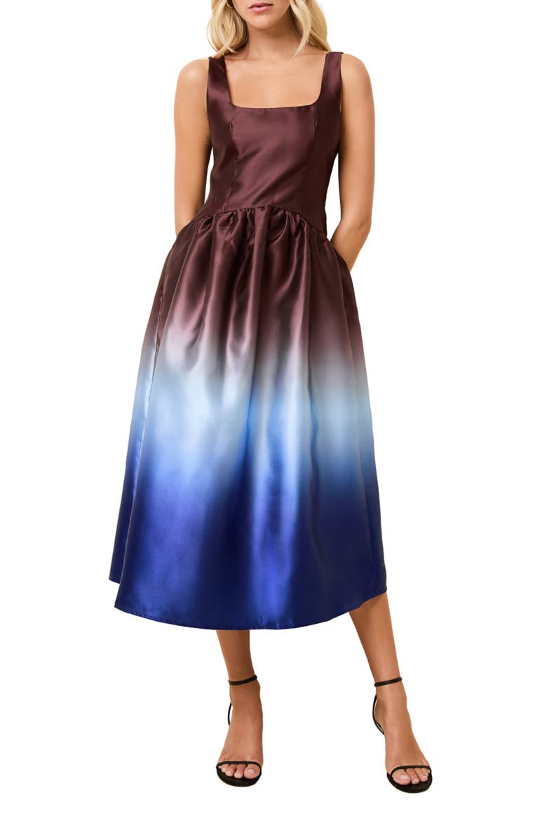 The Gianna Ombré Colorblock Satin Dress, Main, color, TWILIGHT / RAISIN BROWN