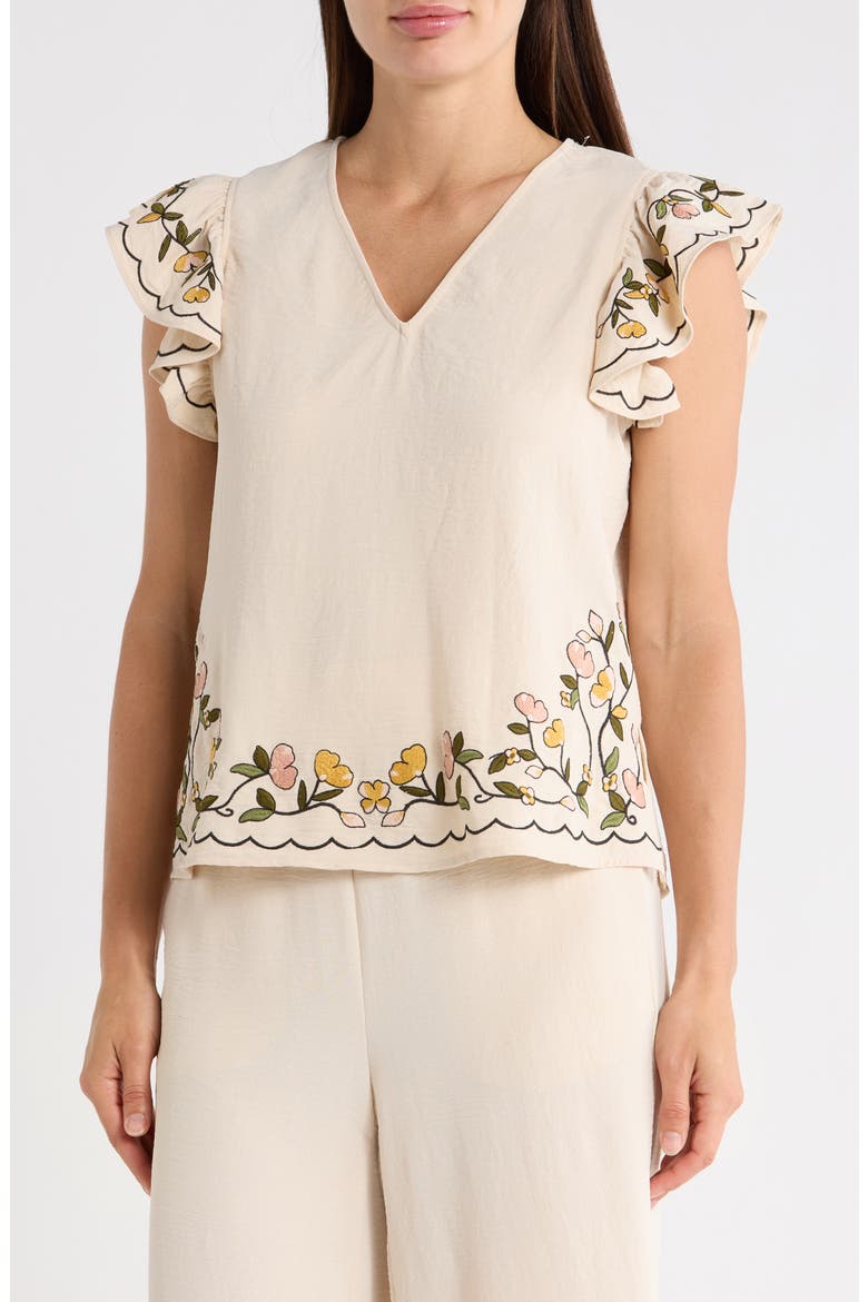 V-Neck Embroidered Top, Main, color, PALE OAK