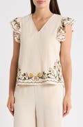 Adrianna Papell V-Neck Embroidered Top