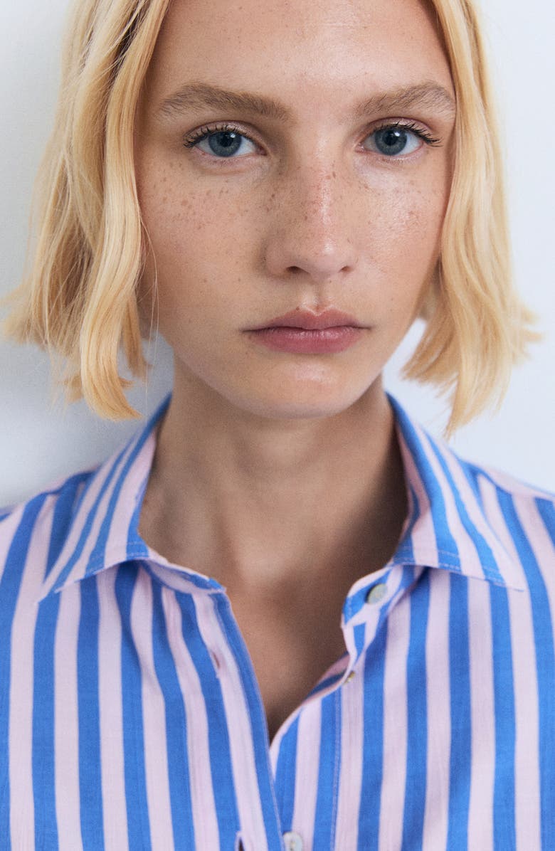 MANGO Stripe Short Sleeve Button-Up Shirt, Alternate, color, Blue