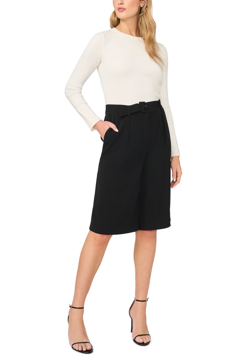 Belted Pleated Bermuda Shorts, Alternate, color, RICH BLACK