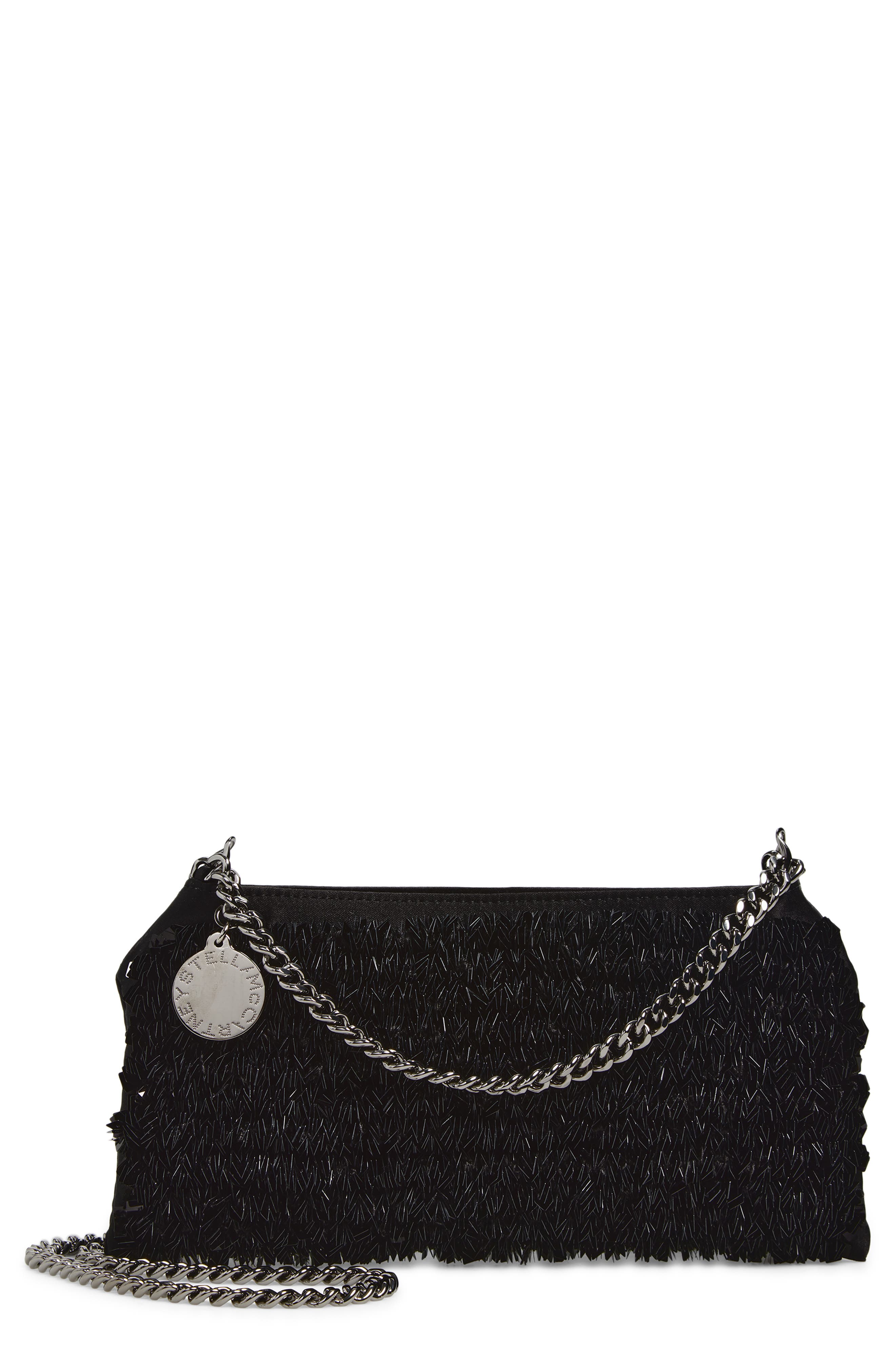 Stella McCartney Mini Falabella Beaded Satin Evening Bag, Main, color, Black