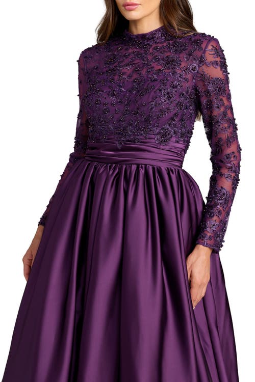 Mac Duggal Embroidered Long Sleeve Satin Ball Gown In Purple